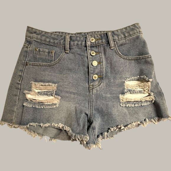 Distressed Denim High-Waisted Shorts With Button Fly & Frayed Hem - Picture 1 of 12